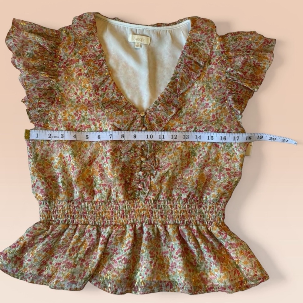 New Parker Top Multicolor Floral Ruffle Blouse with Metallic Threads - Picture 10 of 11
